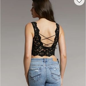 Buckle Black Lace Crop Top with Crisscross Back